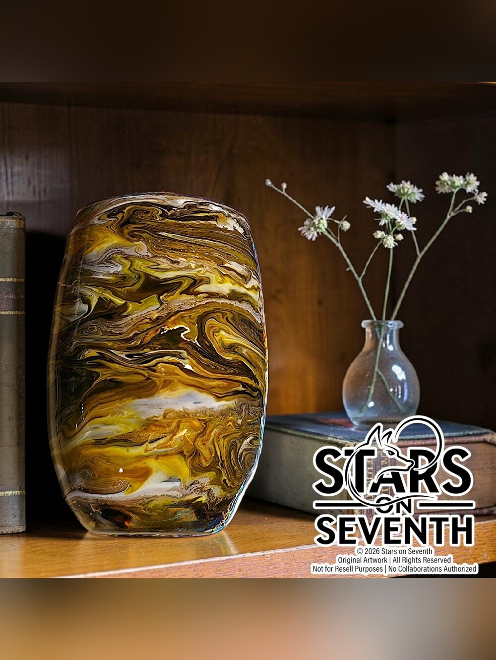 (1) Handcrafted 15oz Amber & Gold Marbled Resin Skinny Stemless Wine Glass